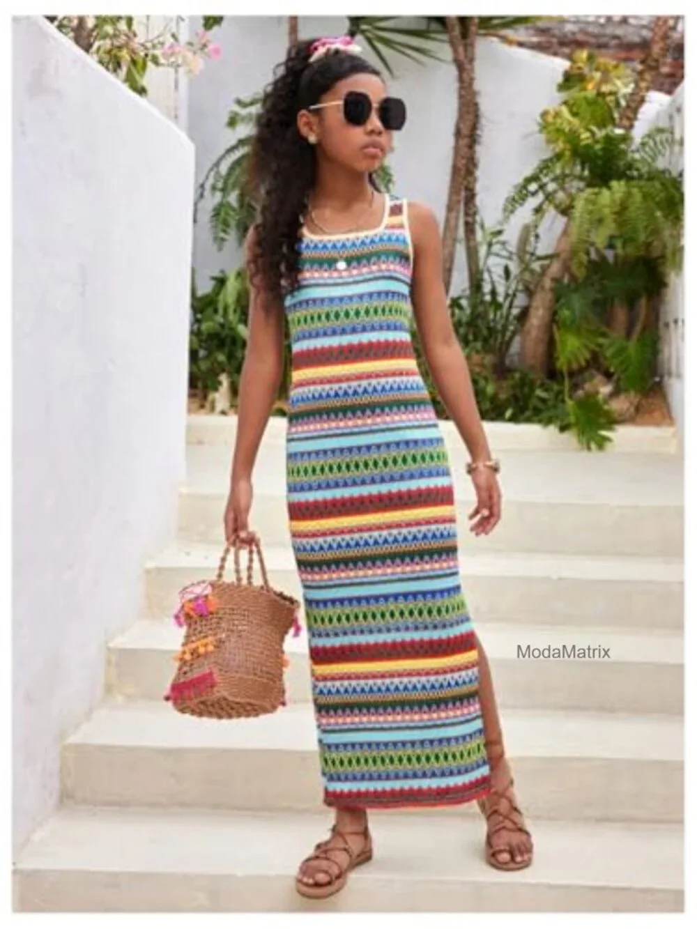 Girl's Boho Striped Sleeveless Square Neck Maxi Dress Casual